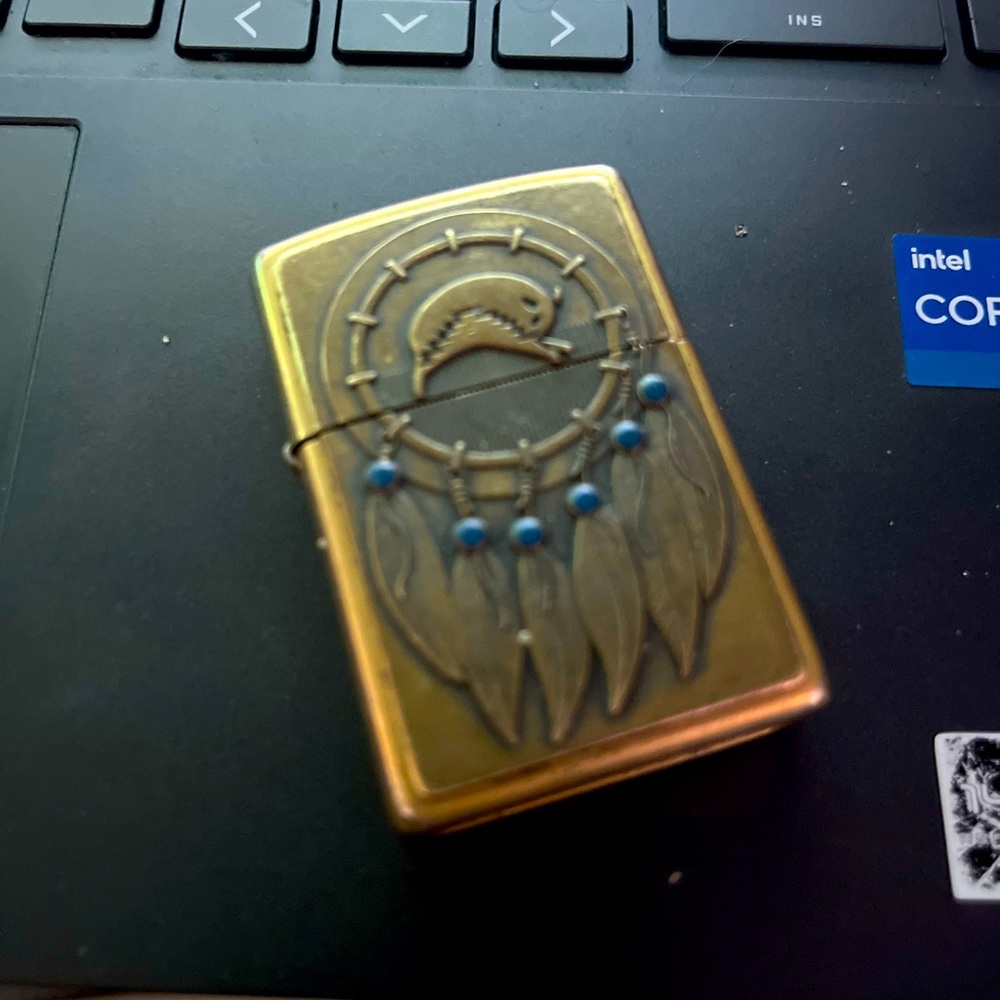 Zippo Antique retro vintage classic gold brass and turquoise lighter case shell